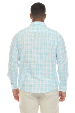 Slim Fit Casual Linen Blend Shirt Long Sleeve Checker Print Button Down