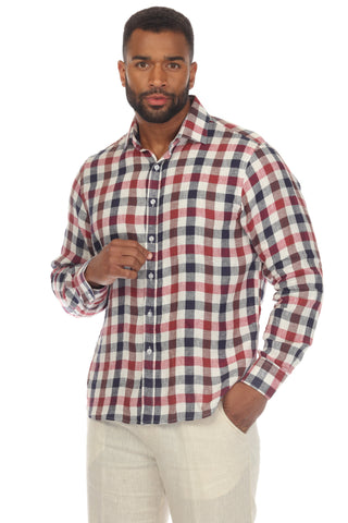 Mojito Men's Causal Checker Print Shirt 100% Linen Long Sleeve