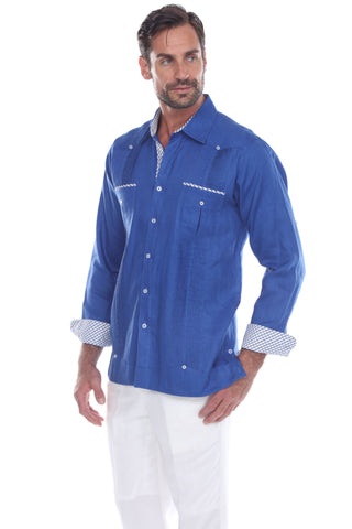 Mojito Men's 100% Linen Guayabera Shirt Long Sleeve Print Trim Accent - Mojito Collection - Guayabera, Long Sleeve Shirt, Mens Shirt, Mojito Guayabera Shirt