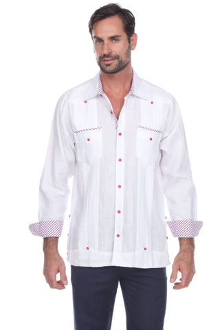 Mojito Men's 100% Linen Guayabera Shirt Long Sleeve Print Trim Accent - Mojito Collection - Guayabera, Long Sleeve Shirt, Mens Shirt, Mojito Guayabera Shirt