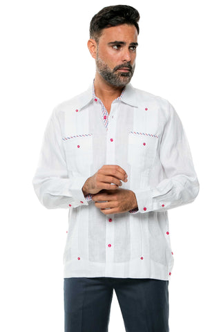 Mojito Men's 100% Linen Guayabera Shirt Long Sleeve Print Trim Accent - Mojito Collection - Guayabera, Long Sleeve Shirt, Mens Shirt, Mojito Guayabera Shirt