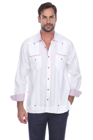 Mojito Men's 100% Linen Guayabera Shirt Long Sleeve Print Trim Accent - Mojito Collection - Guayabera, Long Sleeve Shirt, Mens Shirt, Mojito Guayabera Shirt