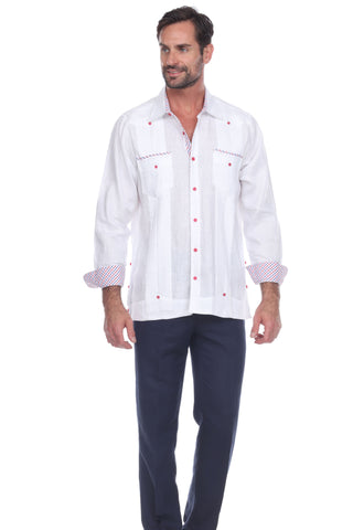 Mojito Men's 100% Linen Guayabera Shirt Long Sleeve Print Trim Accent - Mojito Collection - Guayabera, Long Sleeve Shirt, Mens Shirt, Mojito Guayabera Shirt