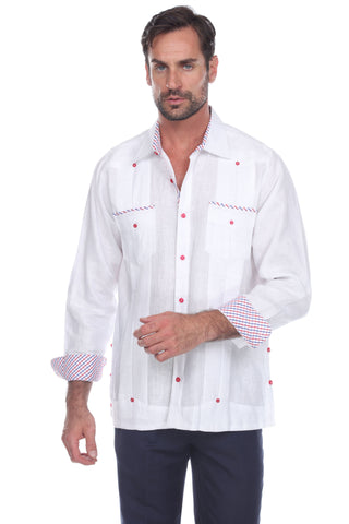 Mojito Men's 100% Linen Guayabera Shirt Long Sleeve Print Trim Accent - Mojito Collection - Guayabera, Long Sleeve Shirt, Mens Shirt, Mojito Guayabera Shirt