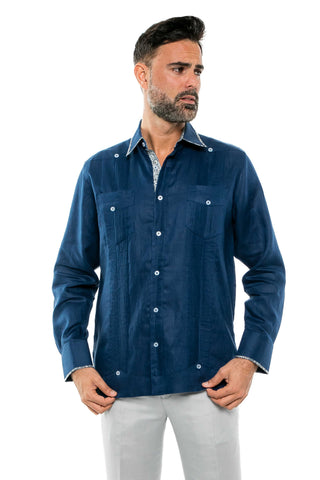 Mojito Men's 100% Linen Guayabera Shirt Long Sleeve Print Trim Accent - Mojito Collection - Guayabera, Long Sleeve Shirt, Mens Shirt, Mojito Guayabera Shirt