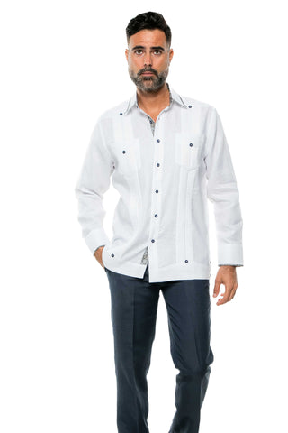 Mojito Men's 100% Linen Guayabera Shirt Long Sleeve Print Trim Accent - Mojito Collection - Guayabera, Long Sleeve Shirt, Mens Shirt, Mojito Guayabera Shirt