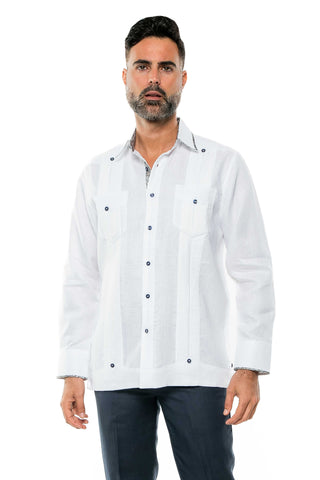 Mojito Men's 100% Linen Guayabera Shirt Long Sleeve Print Trim Accent - Mojito Collection - Guayabera, Long Sleeve Shirt, Mens Shirt, Mojito Guayabera Shirt