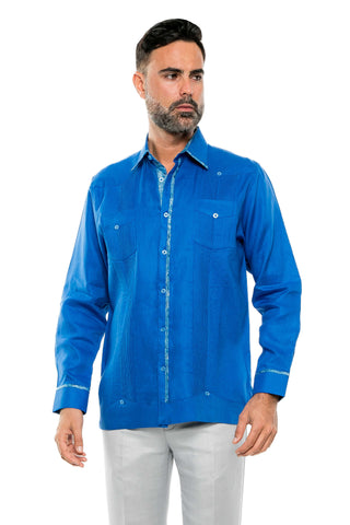 Mojito Men's 100% Linen Guayabera Shirt Long Sleeve Print Trim Accent - Mojito Collection - Guayabera, Long Sleeve Shirt, Mens Shirt, Mojito Guayabera Shirt