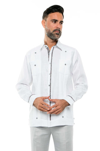 Mojito Men's 100% Linen Guayabera Shirt Long Sleeve Print Trim Accent - Mojito Collection - Guayabera, Long Sleeve Shirt, Mens Shirt, Mojito Guayabera Shirt