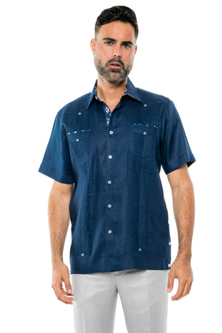 Mojito Men's Guayabera Shirt Short Sleeve 100% Linen with Stylish Print Trim Accent - Mojito Collection - Guayabera, Long Sleeve Shirt, Mens Shirt, Mojito Guayabera Shirt