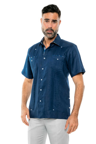 Mojito Men's Guayabera Shirt Short Sleeve 100% Linen with Stylish Print Trim Accent - Mojito Collection - Guayabera, Long Sleeve Shirt, Mens Shirt, Mojito Guayabera Shirt