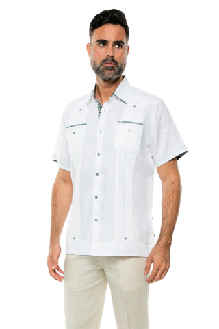 Mojito Men's Guayabera Shirt Short Sleeve 100% Linen with Stylish Print Trim Accent - Mojito Collection - Guayabera, Long Sleeve Shirt, Mens Shirt, Mojito Guayabera Shirt