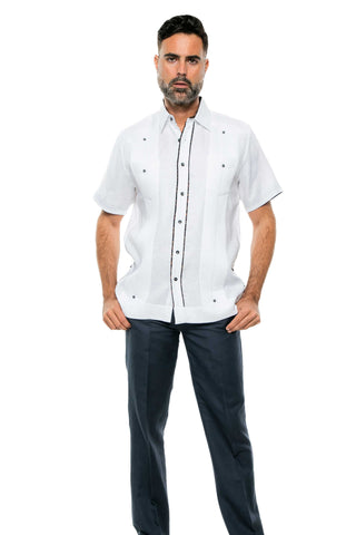 Mojito Men's Guayabera Shirt Short Sleeve 100% Linen with Stylish Print Trim Accent - Mojito Collection - Guayabera, Long Sleeve Shirt, Mens Shirt, Mojito Guayabera Shirt