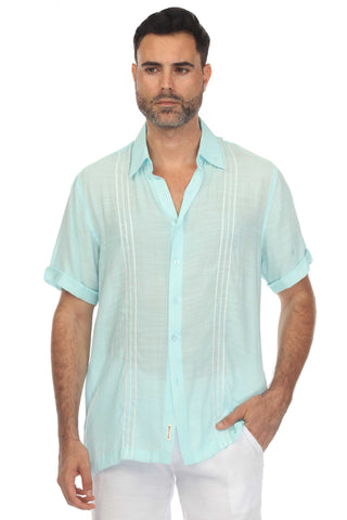 Men's Beach Button Down Shirt with Embroidered Contrast Trim Short Sleeve
