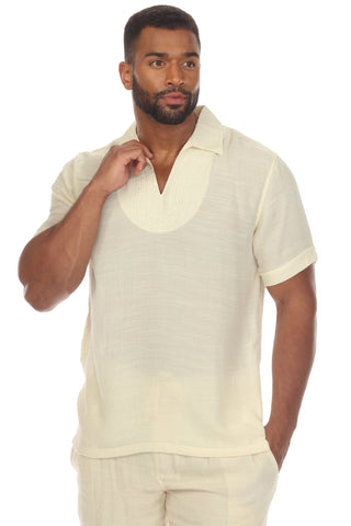 Men's Beach V-Neck Collar Shirt Short Sleeve with Embroidered Accent