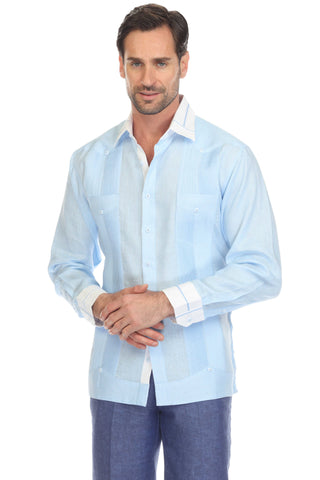 Mojito Men's Pinstripe 100% Linen Guayabera Shirt Long Sleeve with Collar Trim Accent