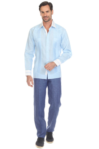 Mojito Men's Pinstripe 100% Linen Guayabera Shirt Long Sleeve with Collar Trim Accent