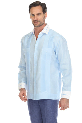 Mojito Men's Pinstripe 100% Linen Guayabera Shirt Long Sleeve with Collar Trim Accent