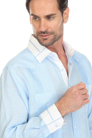 Mojito Men's Pinstripe 100% Linen Guayabera Shirt Long Sleeve with Collar Trim Accent