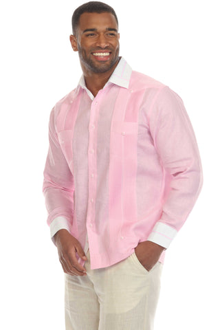 Mojito Men's Pinstripe 100% Linen Guayabera Shirt Long Sleeve with Collar Trim Accent