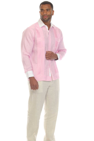 Mojito Men's Pinstripe 100% Linen Guayabera Shirt Long Sleeve with Collar Trim Accent