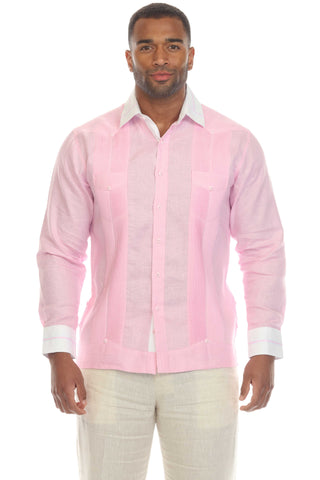 Mojito Men's Pinstripe 100% Linen Guayabera Shirt Long Sleeve with Collar Trim Accent