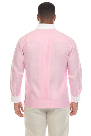 Mojito Men's Pinstripe 100% Linen Guayabera Shirt Long Sleeve with Collar Trim Accent
