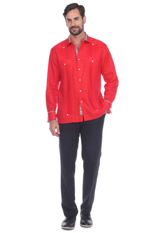 Mojito Men's Guayabera Shirt Long Sleeve 100% Linen with Stylish Print Trim Accent - Mojito Collection - Guayabera, Long Sleeve Shirt, Mens Shirt, Mojito Guayabera Shirt