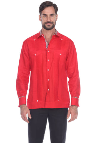 Mojito Men's Guayabera Shirt Long Sleeve 100% Linen with Stylish Print Trim Accent - Mojito Collection - Guayabera, Long Sleeve Shirt, Mens Shirt, Mojito Guayabera Shirt
