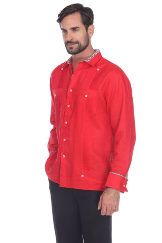 Mojito Men's Guayabera Shirt Long Sleeve 100% Linen with Stylish Print Trim Accent - Mojito Collection - Guayabera, Long Sleeve Shirt, Mens Shirt, Mojito Guayabera Shirt