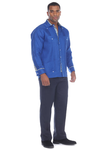 Mojito Men's Guayabera Shirt Long Sleeve 100% Linen with Stylish Print Trim Accent - Mojito Collection - Guayabera, Long Sleeve Shirt, Mens Shirt, Mojito Guayabera Shirt