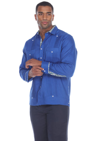 Mojito Men's Guayabera Shirt Long Sleeve 100% Linen with Stylish Print Trim Accent - Mojito Collection - Guayabera, Long Sleeve Shirt, Mens Shirt, Mojito Guayabera Shirt