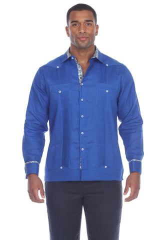 Mojito Men's Guayabera Shirt Long Sleeve 100% Linen with Stylish Print Trim Accent - Mojito Collection - Guayabera, Long Sleeve Shirt, Mens Shirt, Mojito Guayabera Shirt
