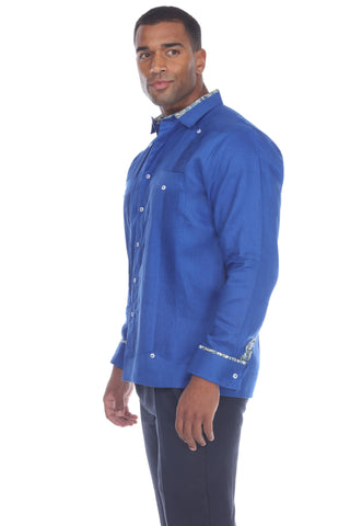 Mojito Men's Guayabera Shirt Long Sleeve 100% Linen with Stylish Print Trim Accent - Mojito Collection - Guayabera, Long Sleeve Shirt, Mens Shirt, Mojito Guayabera Shirt