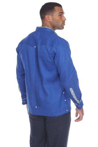 Mojito Men's Guayabera Shirt Long Sleeve 100% Linen with Stylish Print Trim Accent - Mojito Collection - Guayabera, Long Sleeve Shirt, Mens Shirt, Mojito Guayabera Shirt