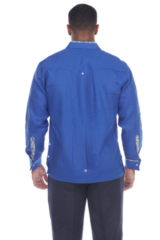 Mojito Men's Guayabera Shirt Long Sleeve 100% Linen with Stylish Print Trim Accent - Mojito Collection - Guayabera, Long Sleeve Shirt, Mens Shirt, Mojito Guayabera Shirt