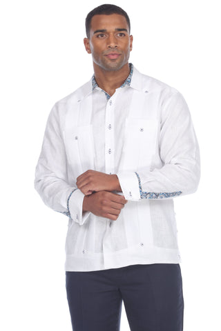 Mojito Men's Guayabera Shirt Long Sleeve 100% Linen with Stylish Print Trim Accent - Mojito Collection - Guayabera, Long Sleeve Shirt, Mens Shirt, Mojito Guayabera Shirt