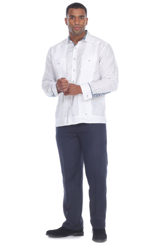 Mojito Men's Guayabera Shirt Long Sleeve 100% Linen with Stylish Print Trim Accent - Mojito Collection - Guayabera, Long Sleeve Shirt, Mens Shirt, Mojito Guayabera Shirt