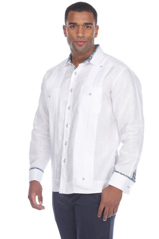 Mojito Men's Guayabera Shirt Long Sleeve 100% Linen with Stylish Print Trim Accent - Mojito Collection - Guayabera, Long Sleeve Shirt, Mens Shirt, Mojito Guayabera Shirt