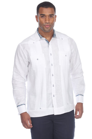 Mojito Men's Guayabera Shirt Long Sleeve 100% Linen with Stylish Print Trim Accent - Mojito Collection - Guayabera, Long Sleeve Shirt, Mens Shirt, Mojito Guayabera Shirt