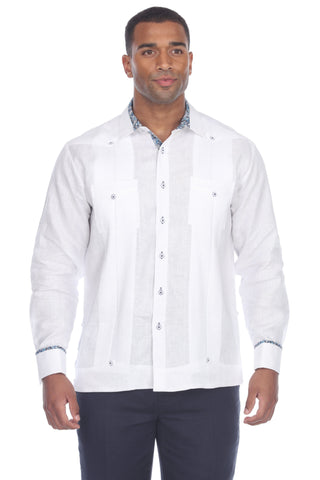 Mojito Men's Guayabera Shirt Long Sleeve 100% Linen with Stylish Print Trim Accent - Mojito Collection - Guayabera, Long Sleeve Shirt, Mens Shirt, Mojito Guayabera Shirt