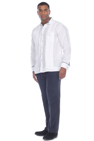 Mojito Men's Guayabera Shirt Long Sleeve 100% Linen with Stylish Print Trim Accent - Mojito Collection - Guayabera, Long Sleeve Shirt, Mens Shirt, Mojito Guayabera Shirt