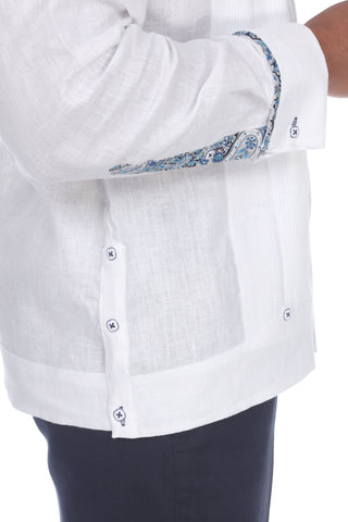 Mojito Men's Guayabera Shirt Long Sleeve 100% Linen with Stylish Print Trim Accent - Mojito Collection - Guayabera, Long Sleeve Shirt, Mens Shirt, Mojito Guayabera Shirt
