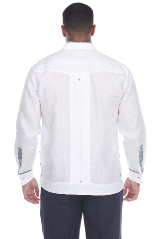 Mojito Men's Guayabera Shirt Long Sleeve 100% Linen with Stylish Print Trim Accent - Mojito Collection - Guayabera, Long Sleeve Shirt, Mens Shirt, Mojito Guayabera Shirt