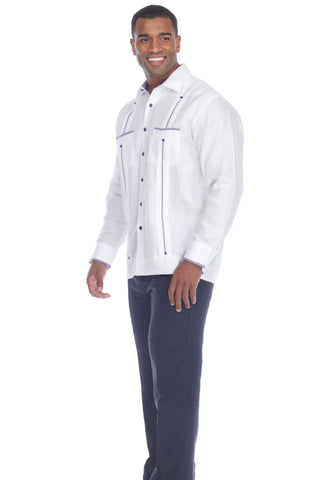 Mojito Men's Guayabera Shirt Long Sleeve 100% Linen with Stylish Print Trim Accent - Mojito Collection - Guayabera, Long Sleeve Shirt, Mens Shirt, Mojito Guayabera Shirt