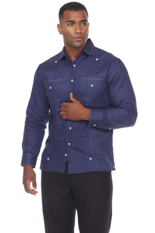 Mojito Men's Guayabera Shirt Long Sleeve 100% Linen with Stylish Polka Dot Print Trim - Mojito Collection - Guayabera, Long Sleeve Shirt, Mens Shirt, Mojito Guayabera Shirt