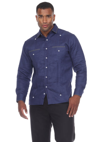 Mojito Men's Guayabera Shirt Long Sleeve 100% Linen with Stylish Polka Dot Print Trim - Mojito Collection - Guayabera, Long Sleeve Shirt, Mens Shirt, Mojito Guayabera Shirt