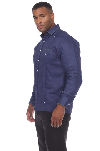 Mojito Men's Guayabera Shirt Long Sleeve 100% Linen with Stylish Polka Dot Print Trim - Mojito Collection - Guayabera, Long Sleeve Shirt, Mens Shirt, Mojito Guayabera Shirt