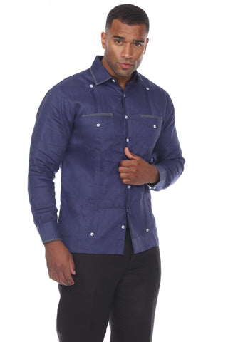 Mojito Men's Guayabera Shirt Long Sleeve 100% Linen with Stylish Polka Dot Print Trim - Mojito Collection - Guayabera, Long Sleeve Shirt, Mens Shirt, Mojito Guayabera Shirt