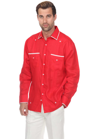 Mojito Men's Guayabera Shirt Long Sleeve 100% Linen with Stylish Polka Dot Print Trim - Mojito Collection - Guayabera, Long Sleeve Shirt, Mens Shirt, Mojito Guayabera Shirt